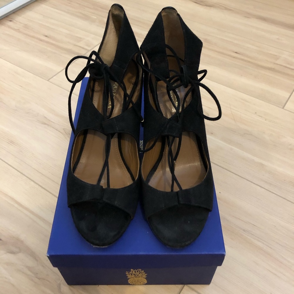 Aquazurra “Christy” Open Toe Lace Up Suede Pumps